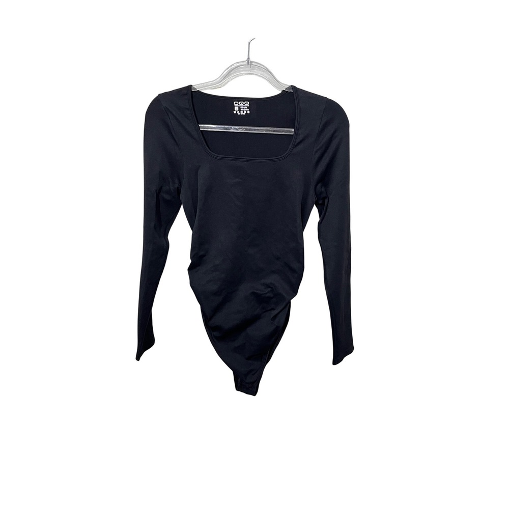 OQQ Bodysuit‎ Womens Large Black Square Neck Long Sleeve Ruched Seamless Thong
